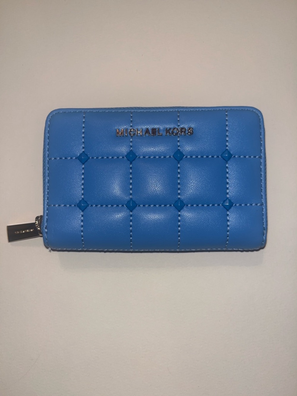 Michael Kors Quilted Zip Card Case - Blue with Gold Logo